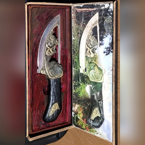 Collectors Vtg Brass and Stainless Steel Fixed Blade Knife w/Dog and Hunter … - Picture 4 of 16